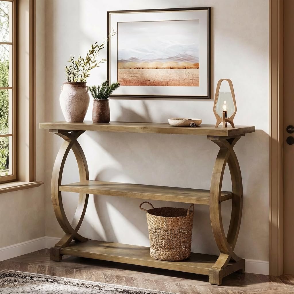 41.34" Solid Wood Console Table for Entryway, Rustic Sofa Table with Fish-Tail Design and 3-Tier Storage