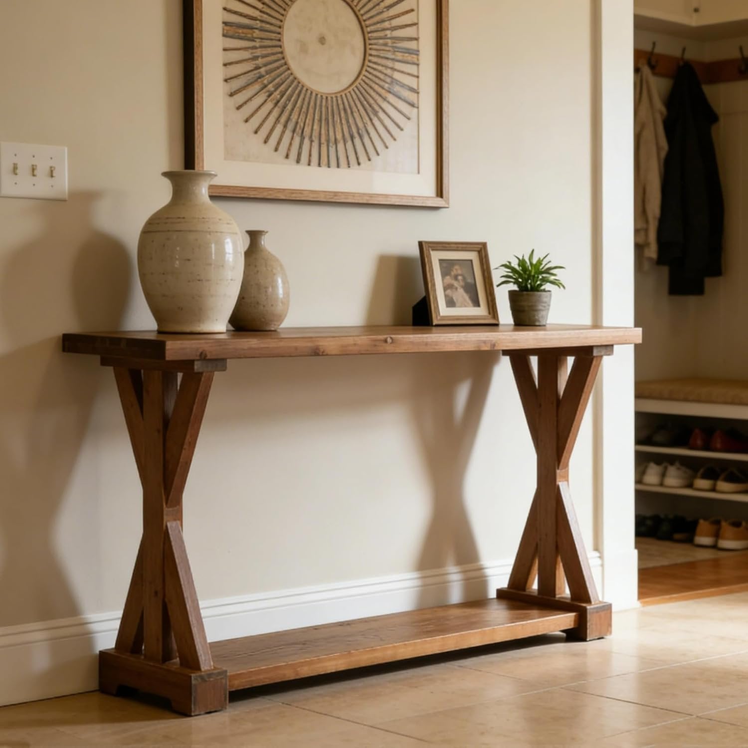 63-Inch Narrow Console Table with Storage, Farmhouse Solid Wood Entryway Table