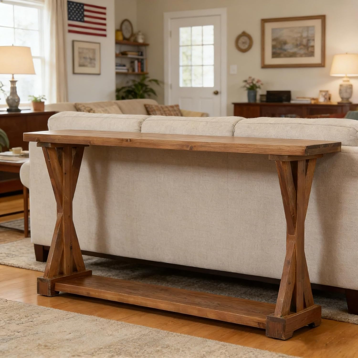 63-Inch Narrow Console Table with Storage, Farmhouse Solid Wood Entryway Table