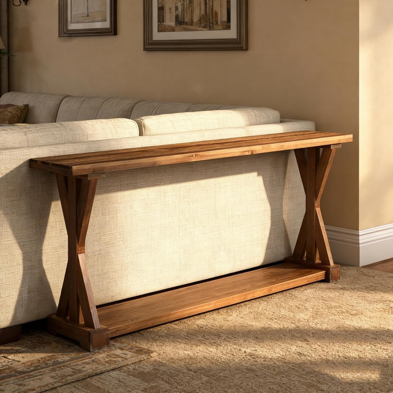63-Inch Narrow Console Table with Storage, Farmhouse Solid Wood Entryway Table