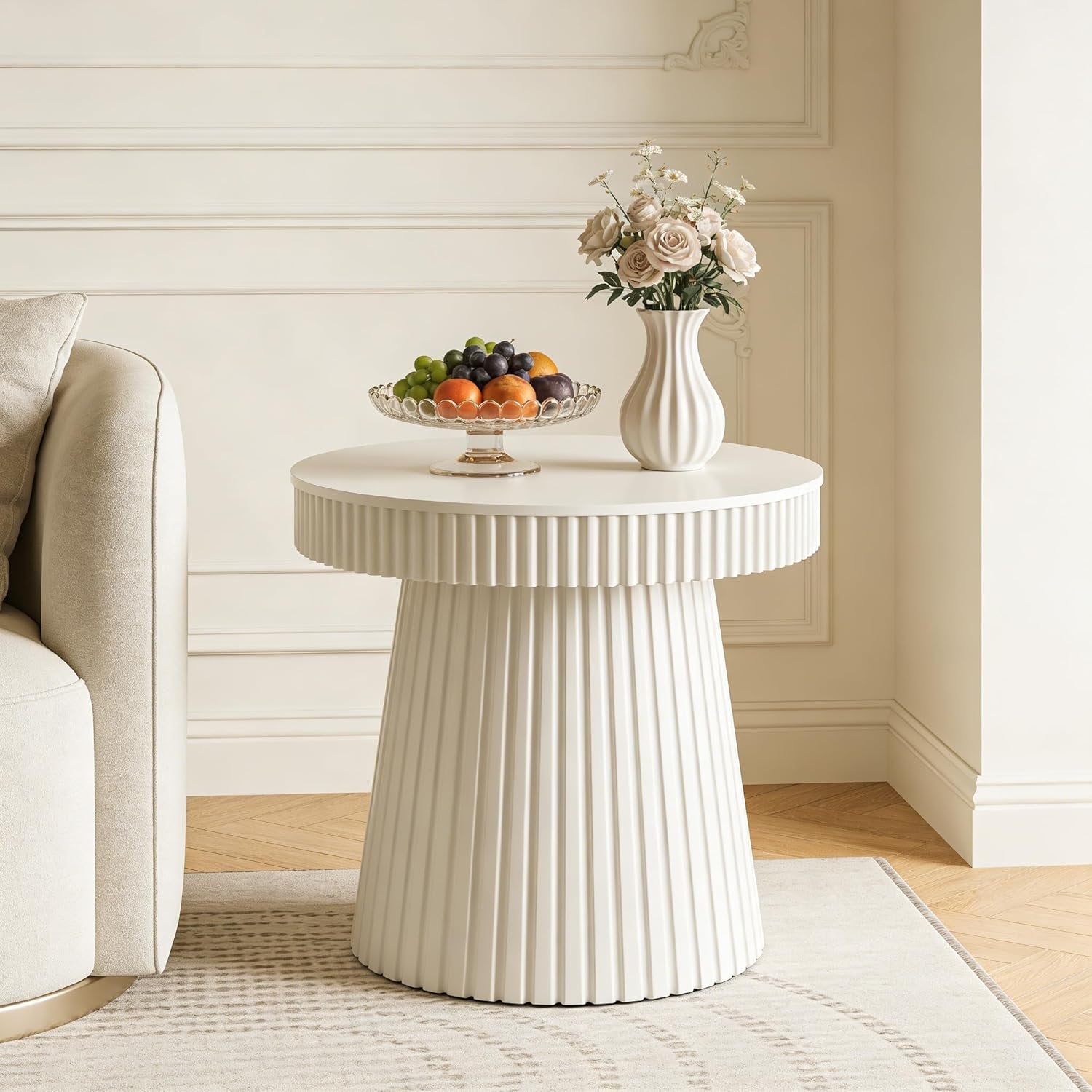 31.5 Inch Round End Table with Fluted Pedestal, Modern Side Table