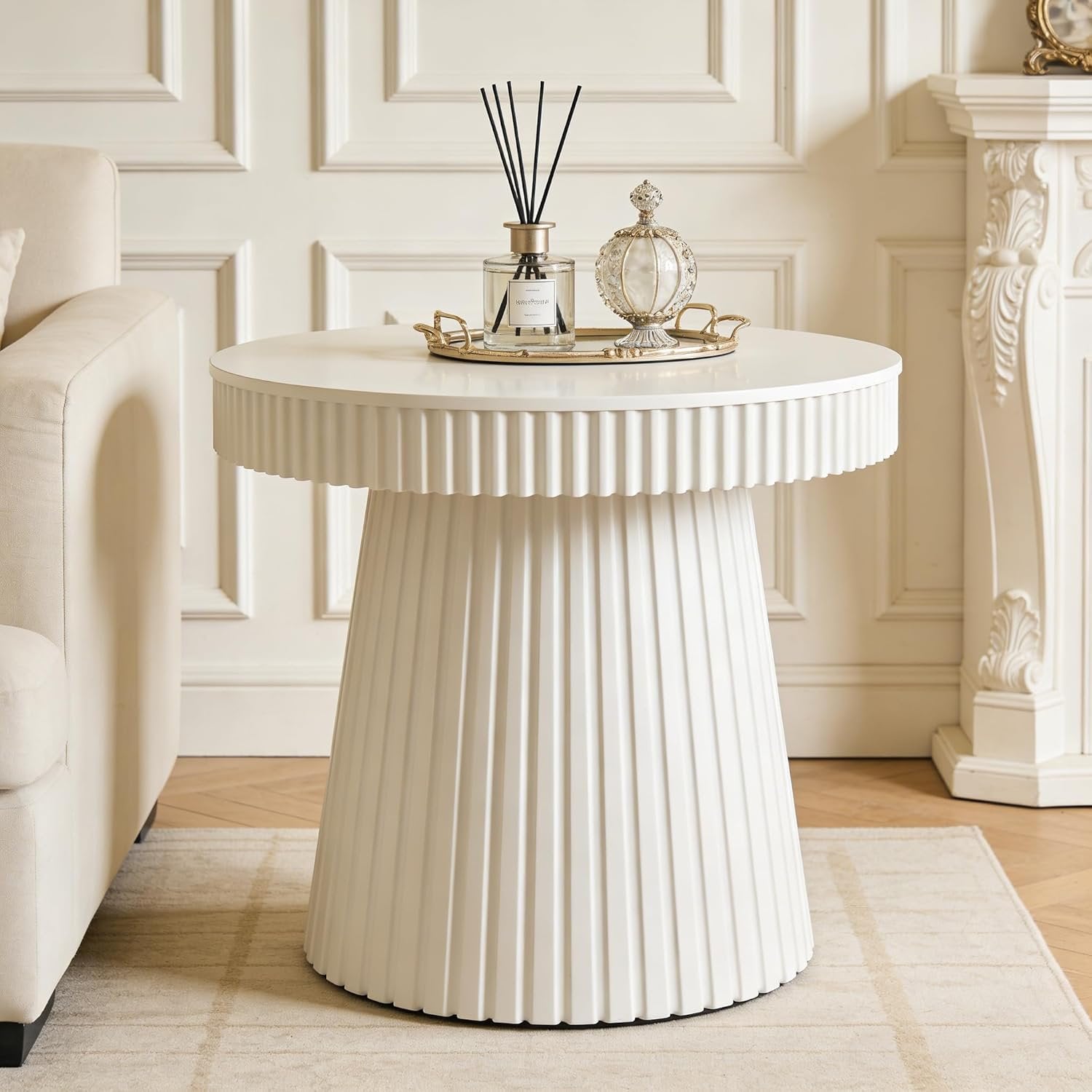 31.5 Inch Round End Table with Fluted Pedestal, Modern Side Table