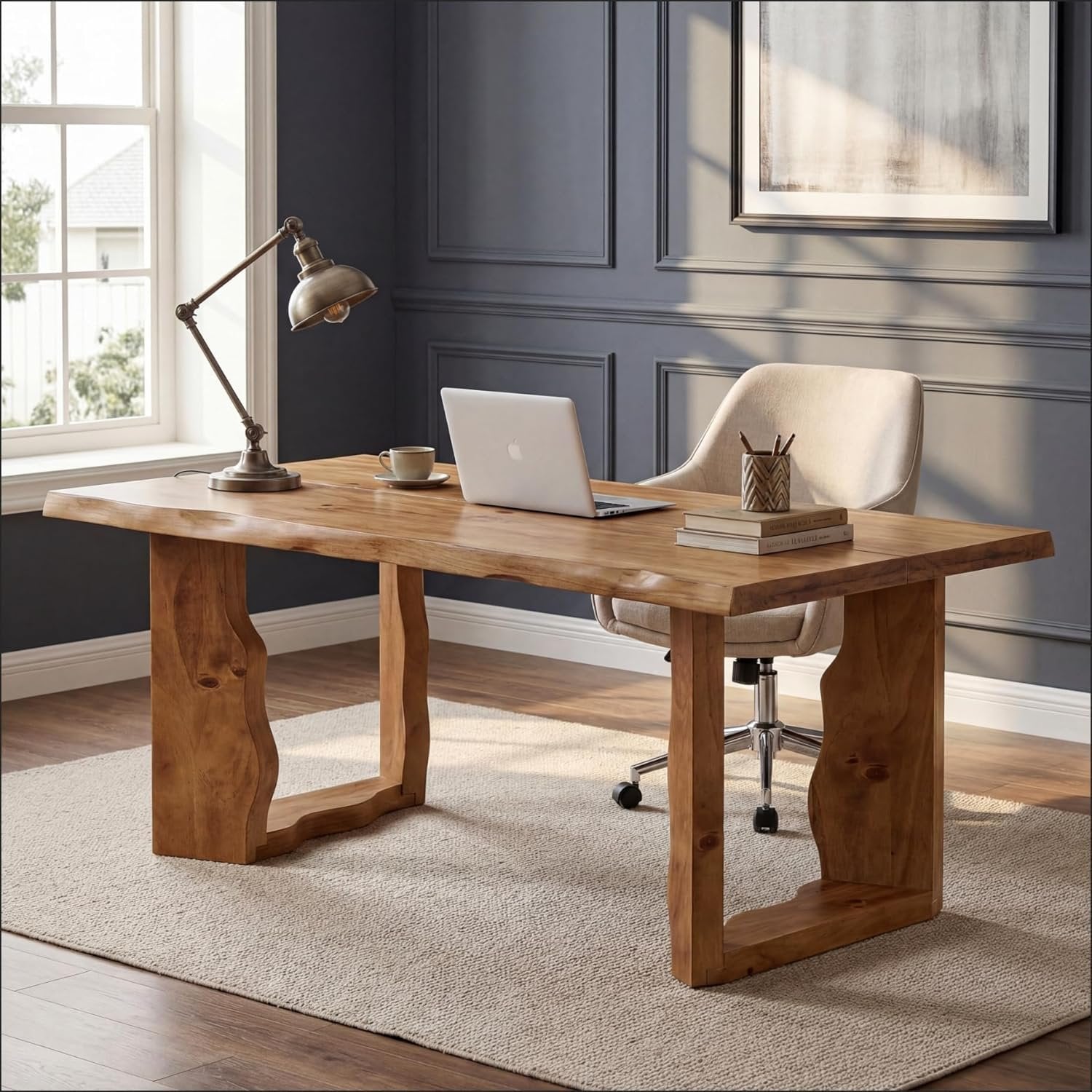 Tribesigns 63-Inch Solid Wood Live Edge Executive Desk with Sculptural Legs