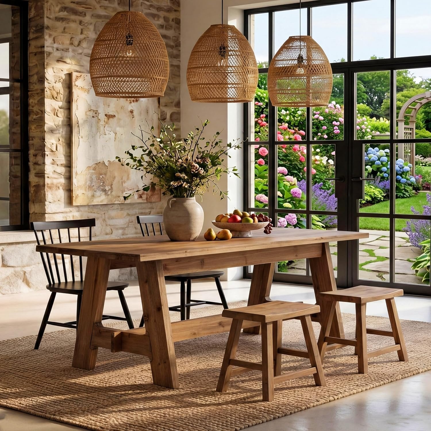 63-Inch Farmhouse Dining Table with Solid Wood and Trestle Base