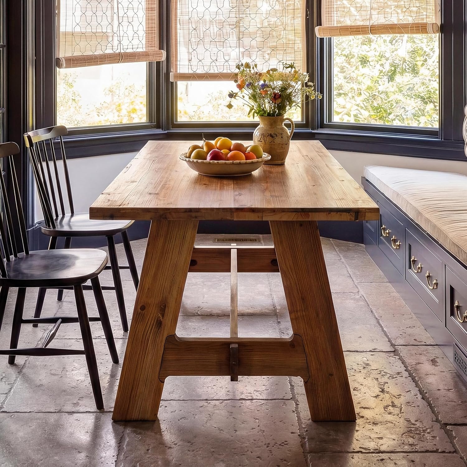 63-Inch Farmhouse Dining Table with Solid Wood and Trestle Base