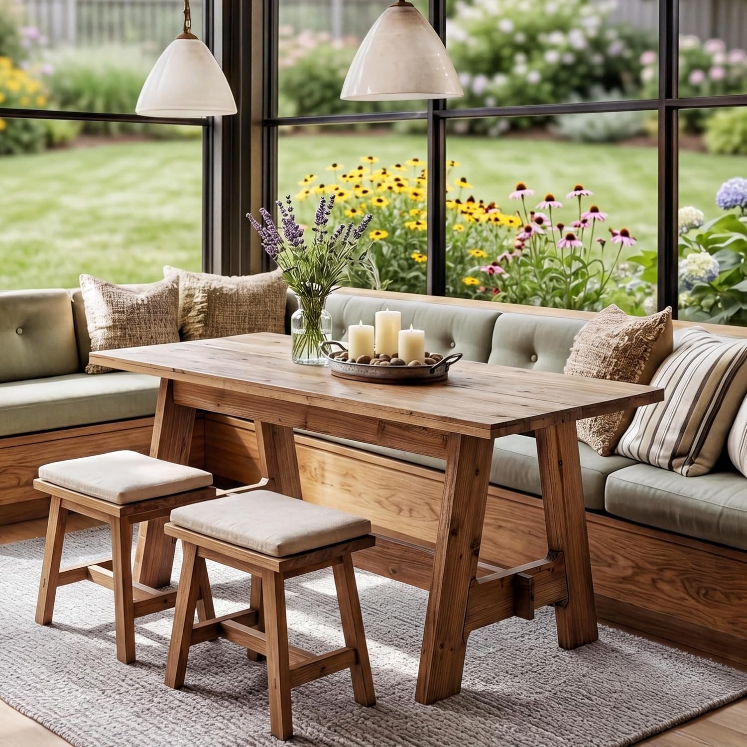63-Inch Farmhouse Dining Table with Solid Wood and Trestle Base