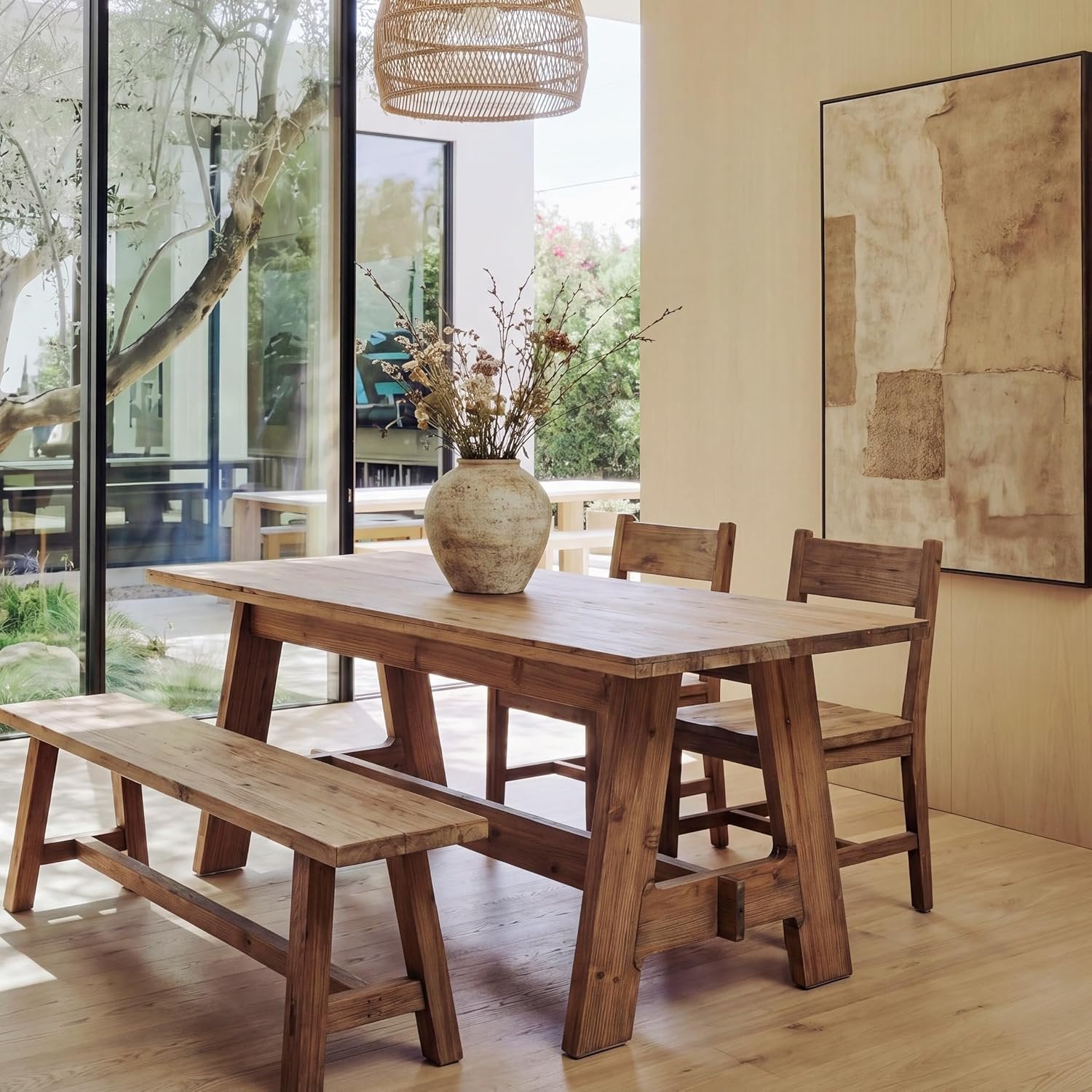 63-Inch Farmhouse Dining Table with Solid Wood and Trestle Base