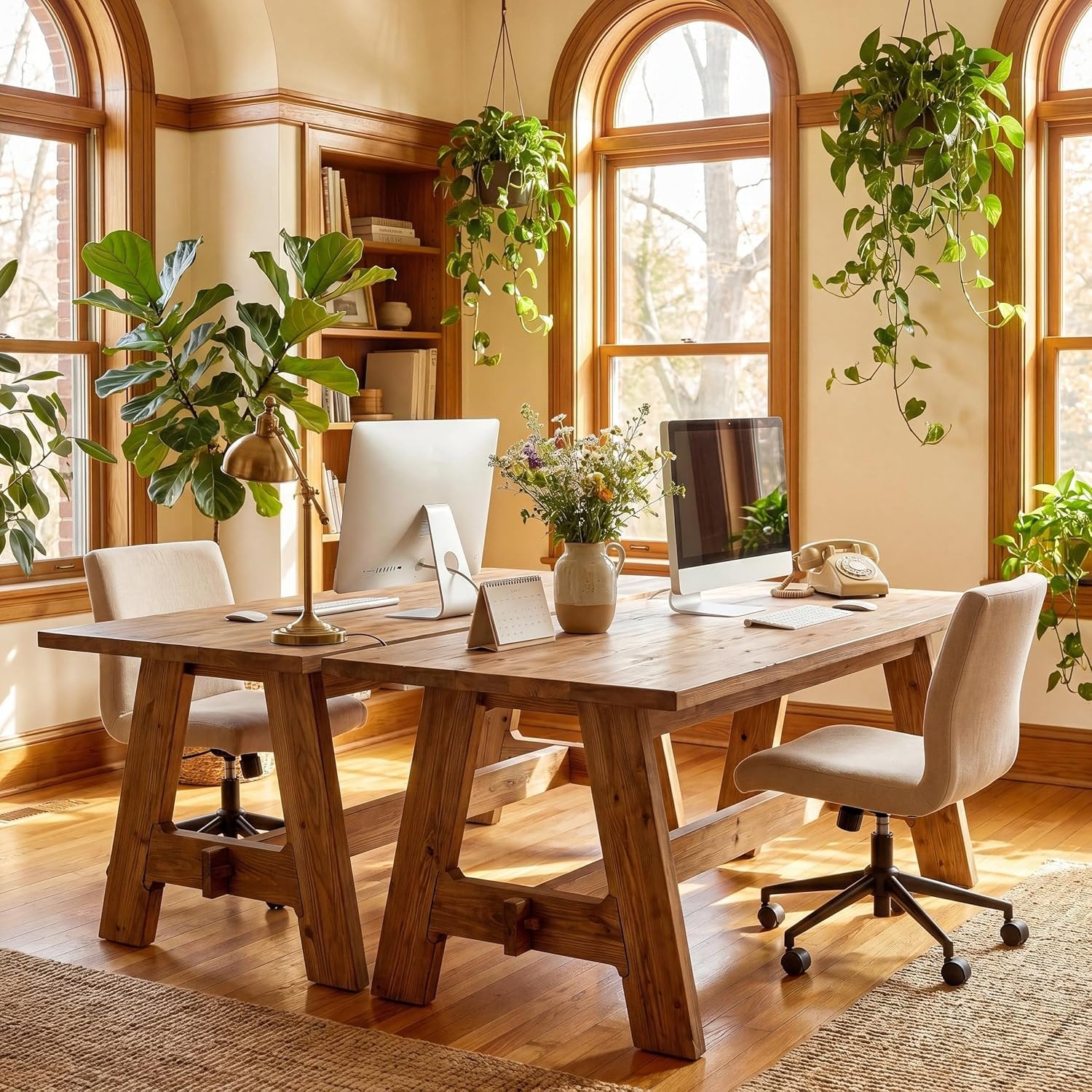 63-Inch Solid Wood Conference Table for 4 to 6 People with Reinforced Trestle Base, Meeting Desk for Office Conference Room