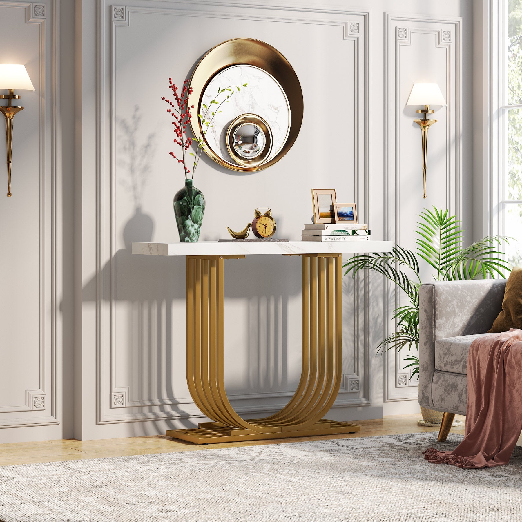 Faux Marble Console Table - 39-Inch, U-Shaped Base for Entryway or Sofa