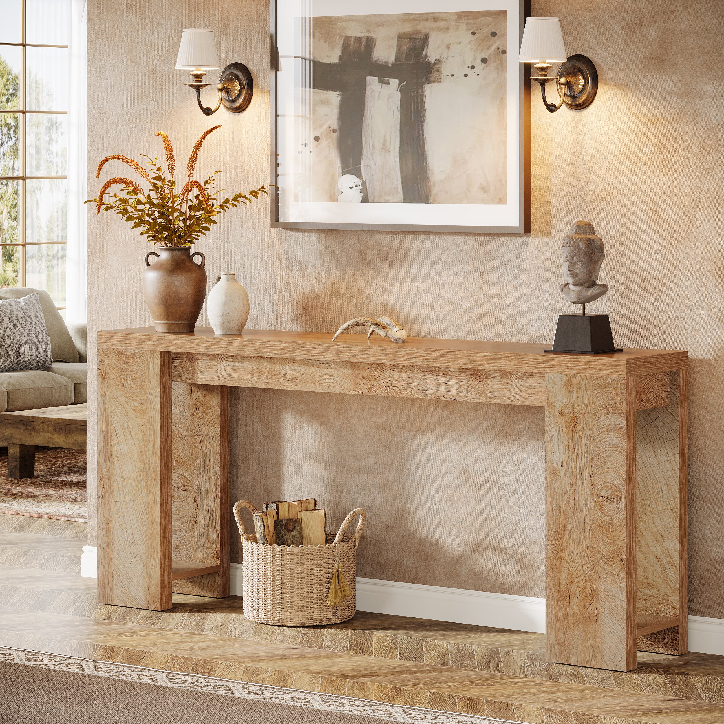 63 Inch Extra Long Console Table, Farmhouse Wood Sofa Table Behind Couch