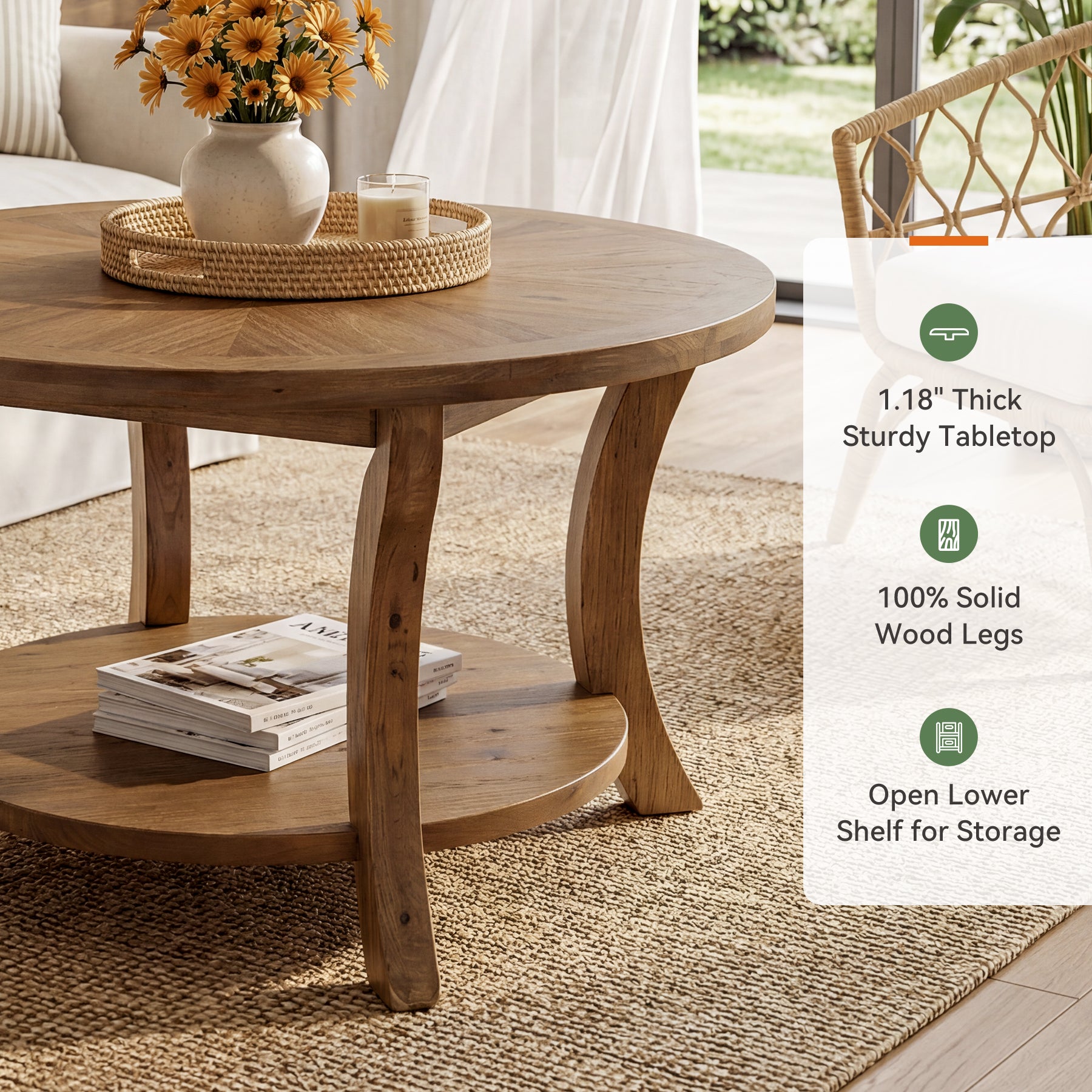 Tribesigns 31.5-Inch Round Coffee Table, Solid Wood Table with Shelf