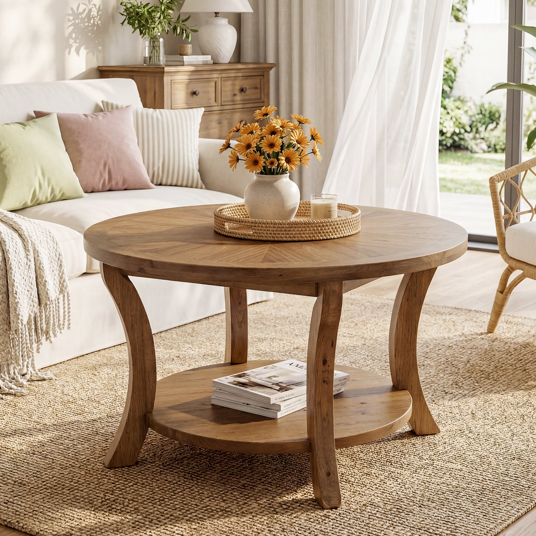 Tribesigns 31.5-Inch Round Coffee Table, Solid Wood Table with Shelf