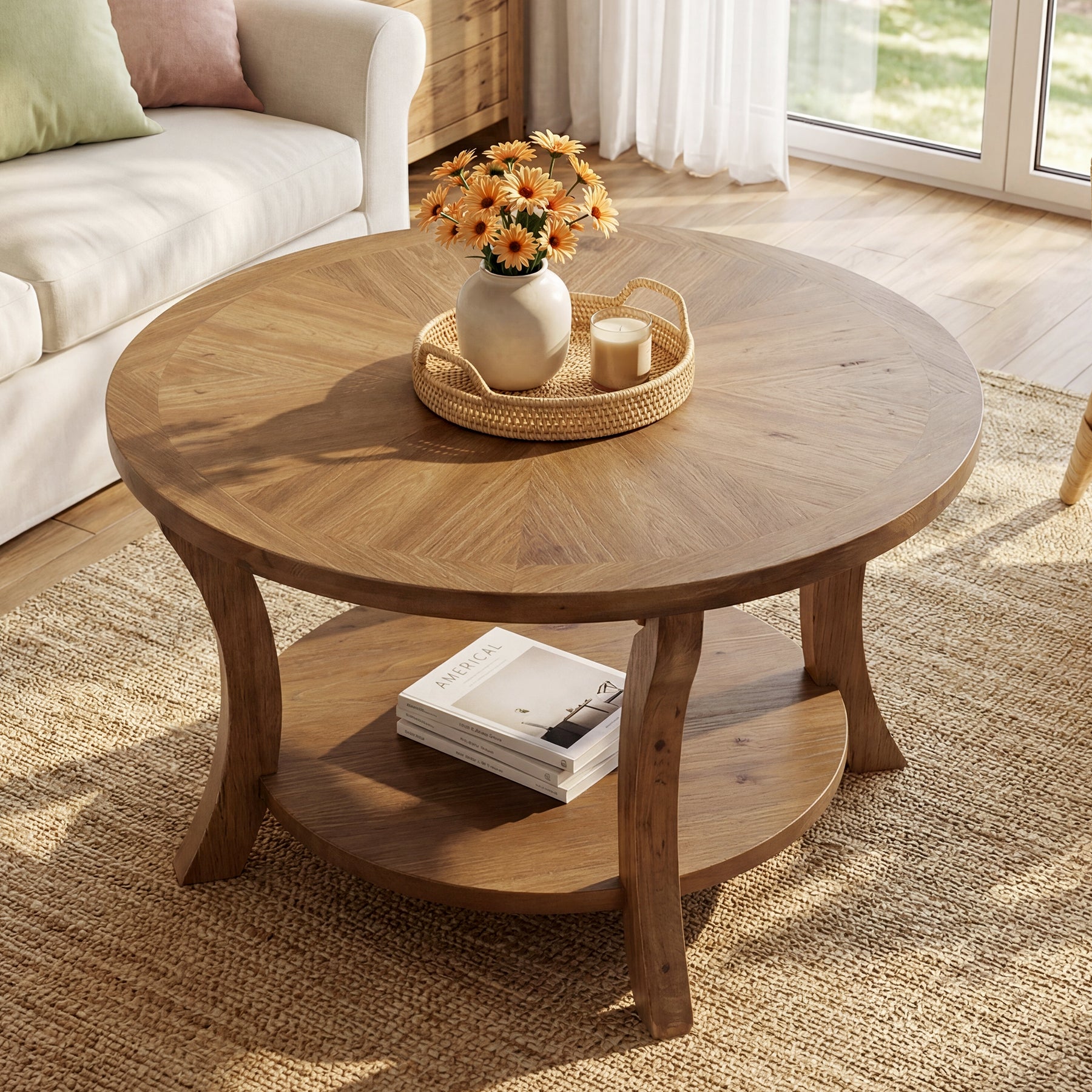 Tribesigns 31.5-Inch Round Coffee Table, Solid Wood Table with Shelf