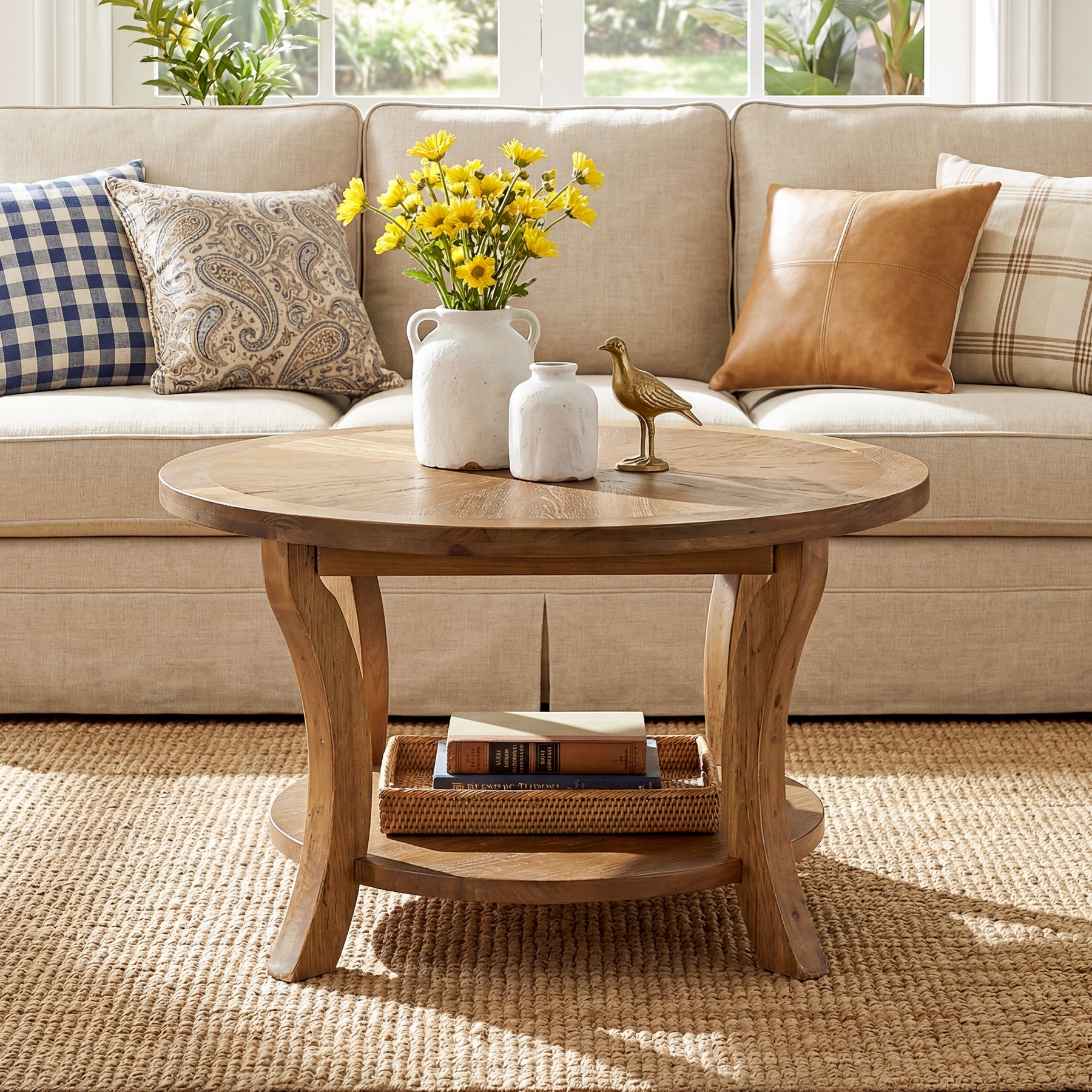 Tribesigns 31.5-Inch Round Coffee Table, Solid Wood Table with Shelf