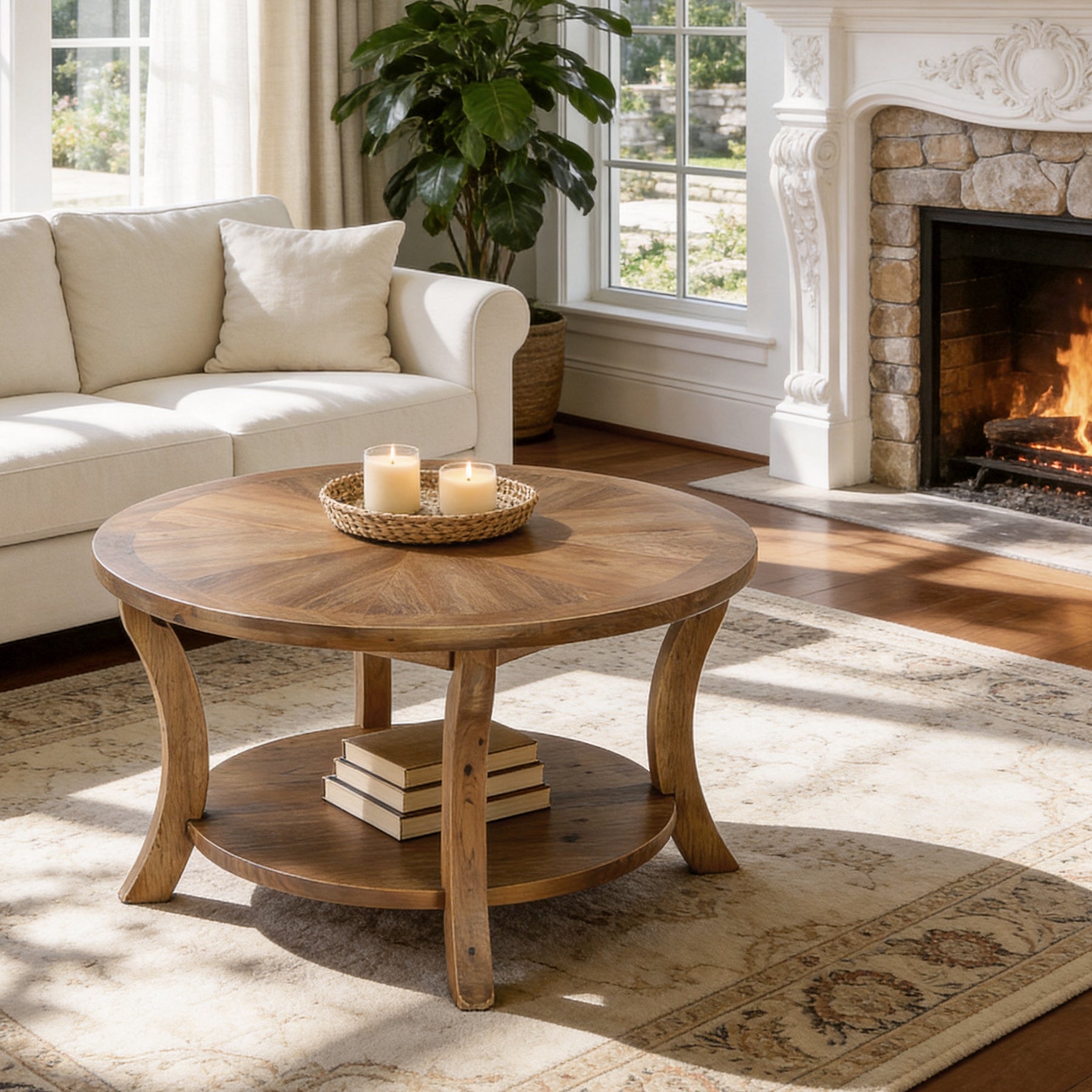 Tribesigns 31.5-Inch Round Coffee Table, Solid Wood Table with Shelf