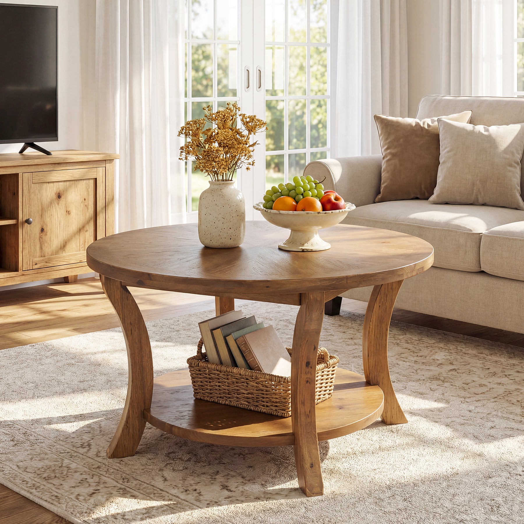 Tribesigns 31.5-Inch Round Coffee Table, Solid Wood Table with Shelf