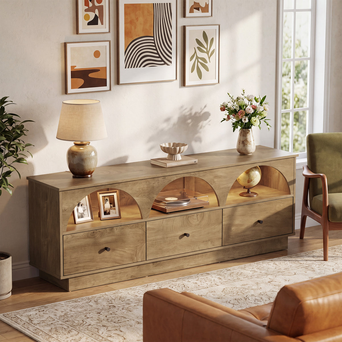 63" Mid Century TV Stand with Arched Open Shelves and 3 Drawers, Modern Media Console for Living Room