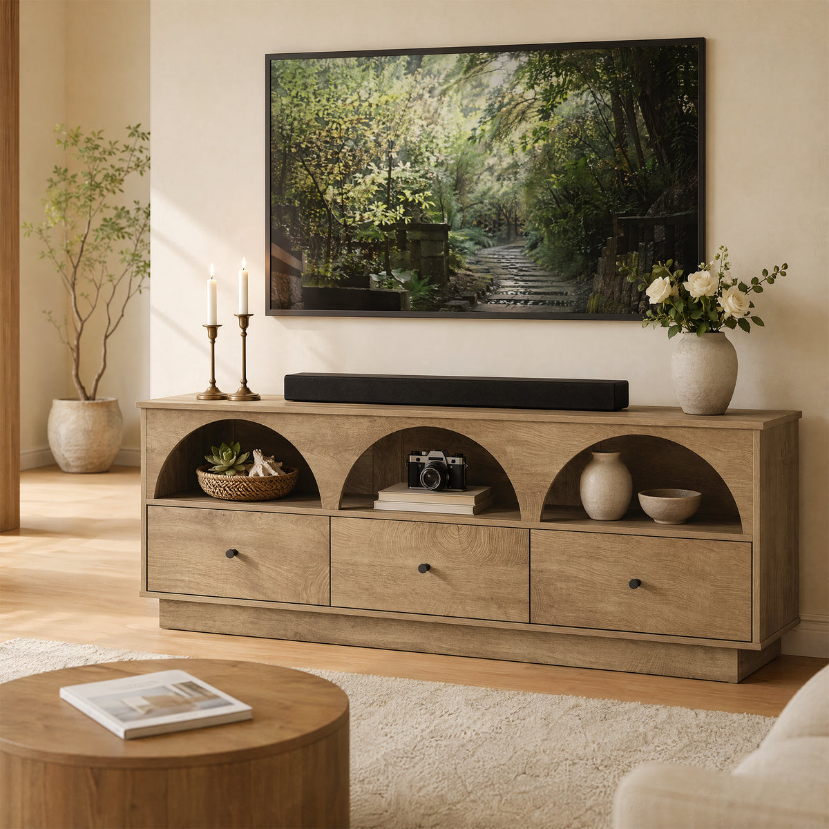 63" Mid Century TV Stand with Arched Open Shelves and 3 Drawers, Modern Media Console for Living Room