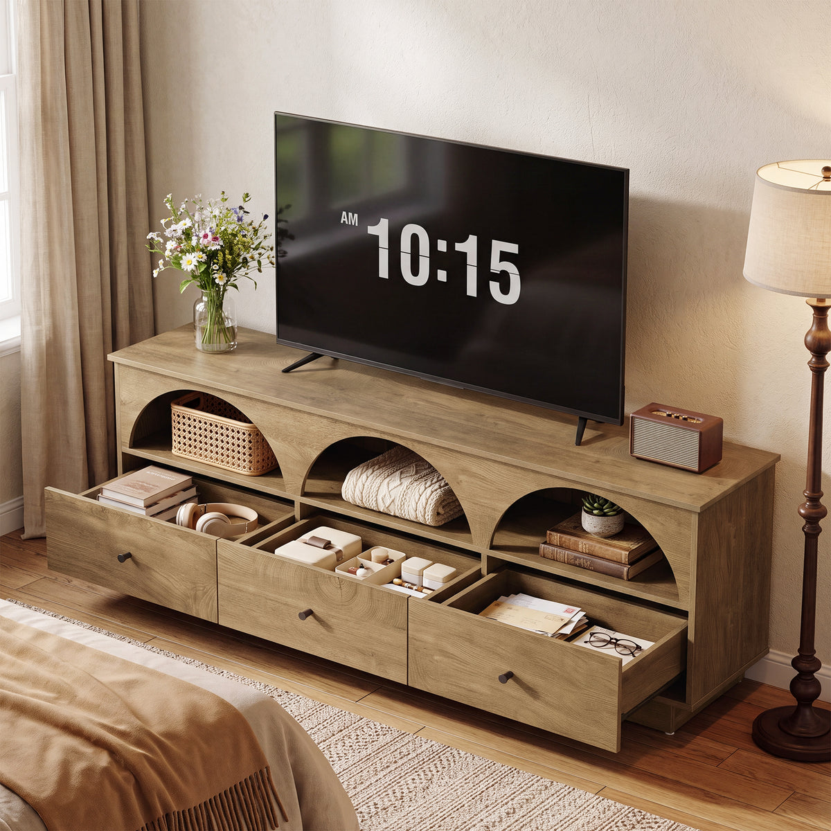 63" Mid Century TV Stand with Arched Open Shelves and 3 Drawers, Modern Media Console for Living Room