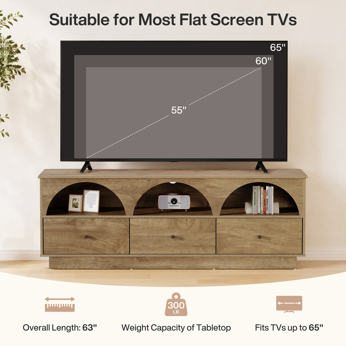 63" Mid Century TV Stand with Arched Open Shelves and 3 Drawers, Modern Media Console for Living Room