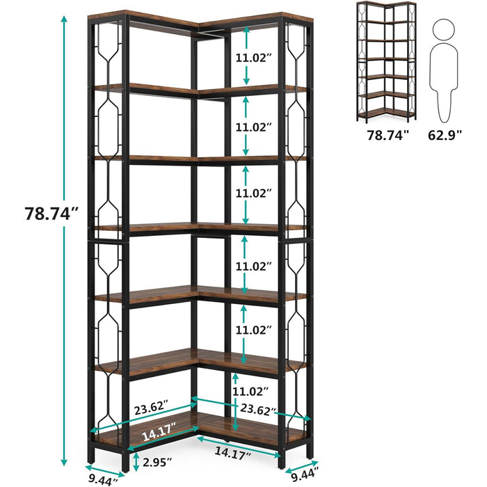 78.7-Inch 7-Tier Corner Bookcase with Hexagon-Pattern Side Panels, Tall Display Unit for Living Room
