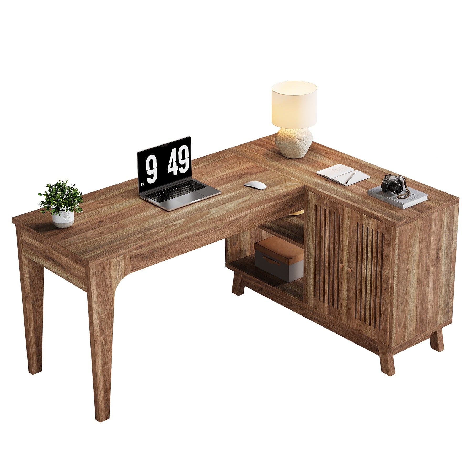 57-Inch L-Shaped Corner Desk with Storage Cabinet, Wood Home Office Workstation and Study Writing Table