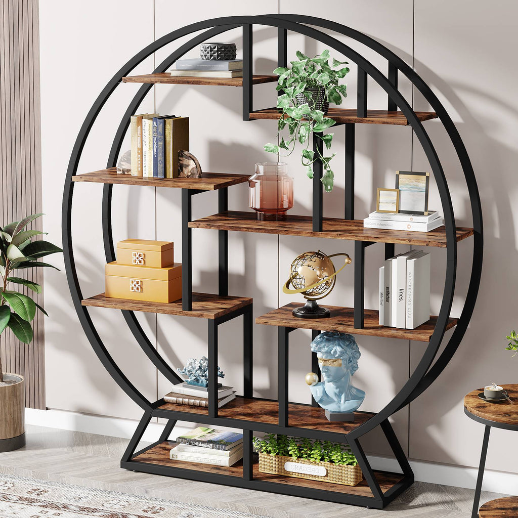 Round Bookshelf 63 Inch Etagere Bookcase Staggered Shelves
