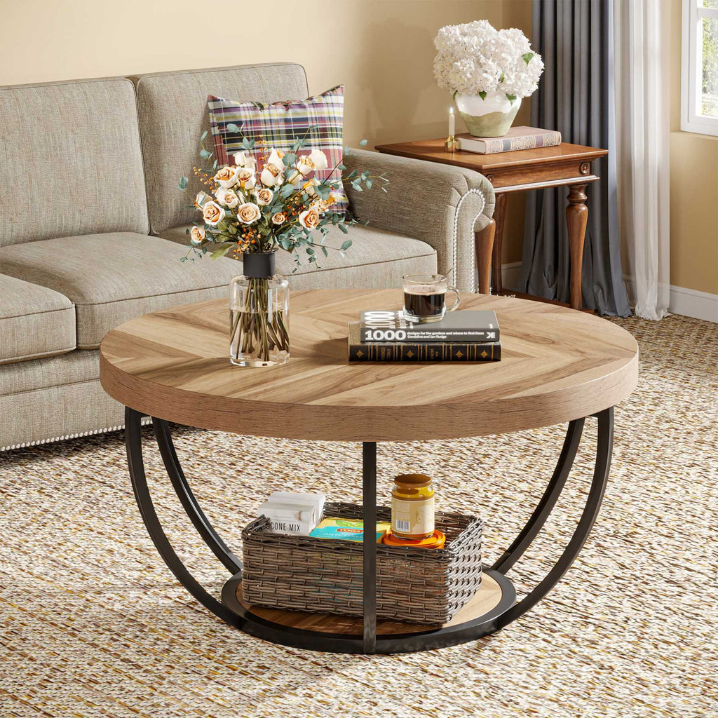 Round Wooden Coffee Table 2 Tier Shelves