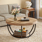 Round Wooden Coffee Table with 2-Tier Shelves 3