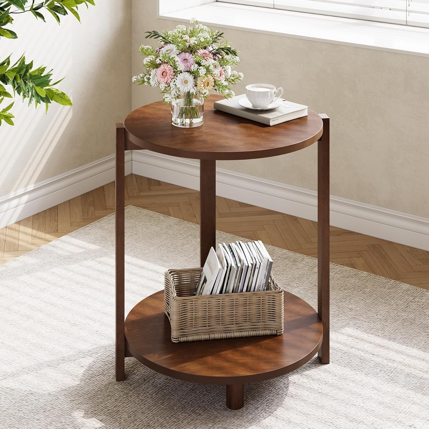 Solid Wood Side Table, 19" Round End Table with 2-Tier Storage