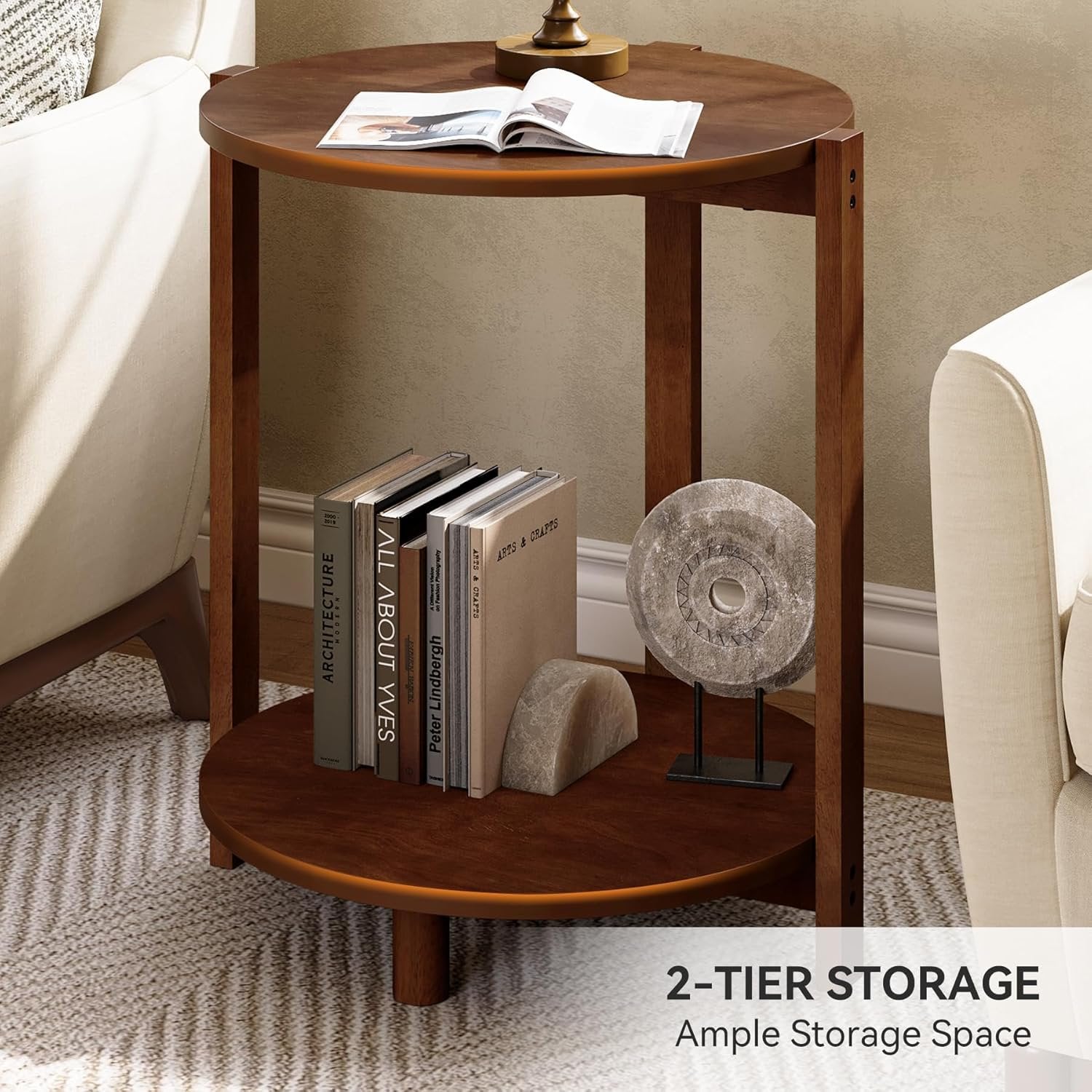 Solid Wood Side Table, 19" Round End Table with 2-Tier Storage