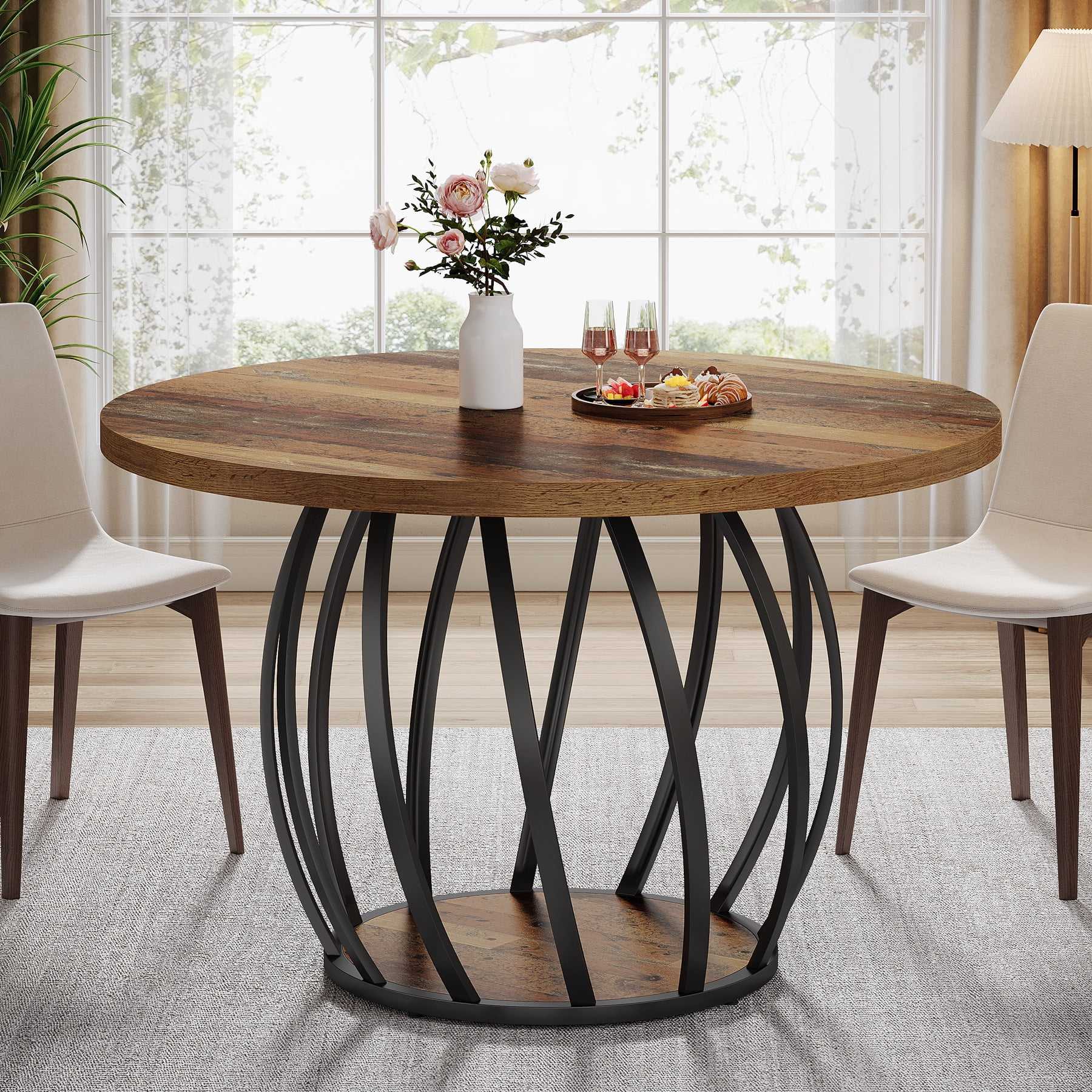 4-6 People Farmhouse Dining Table, Wood Kitchen Table with Sturdy Metal Base