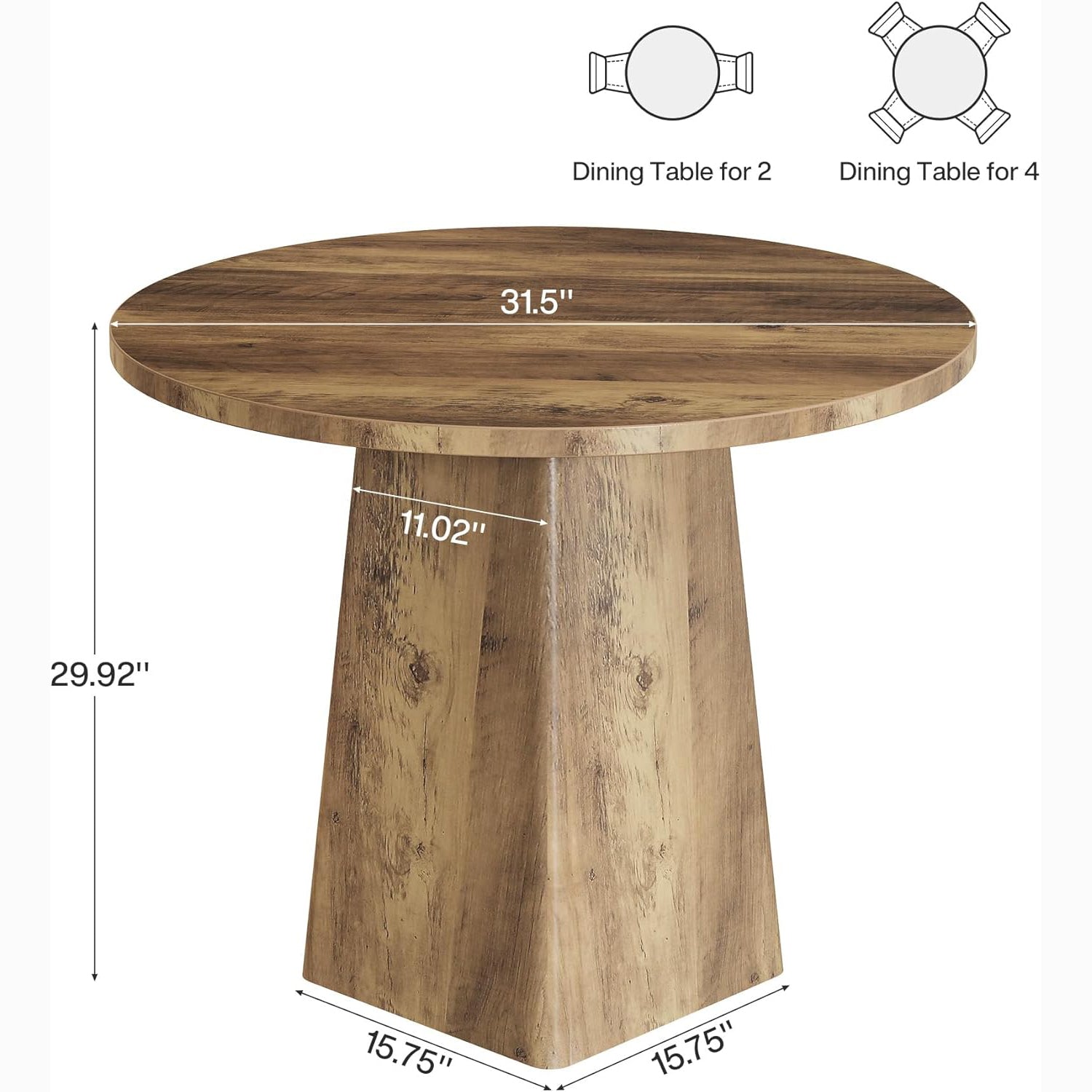 31.5" Dining Table for 4 - Round Farmhouse Kitchen Table with Square Base in Rustic Brown