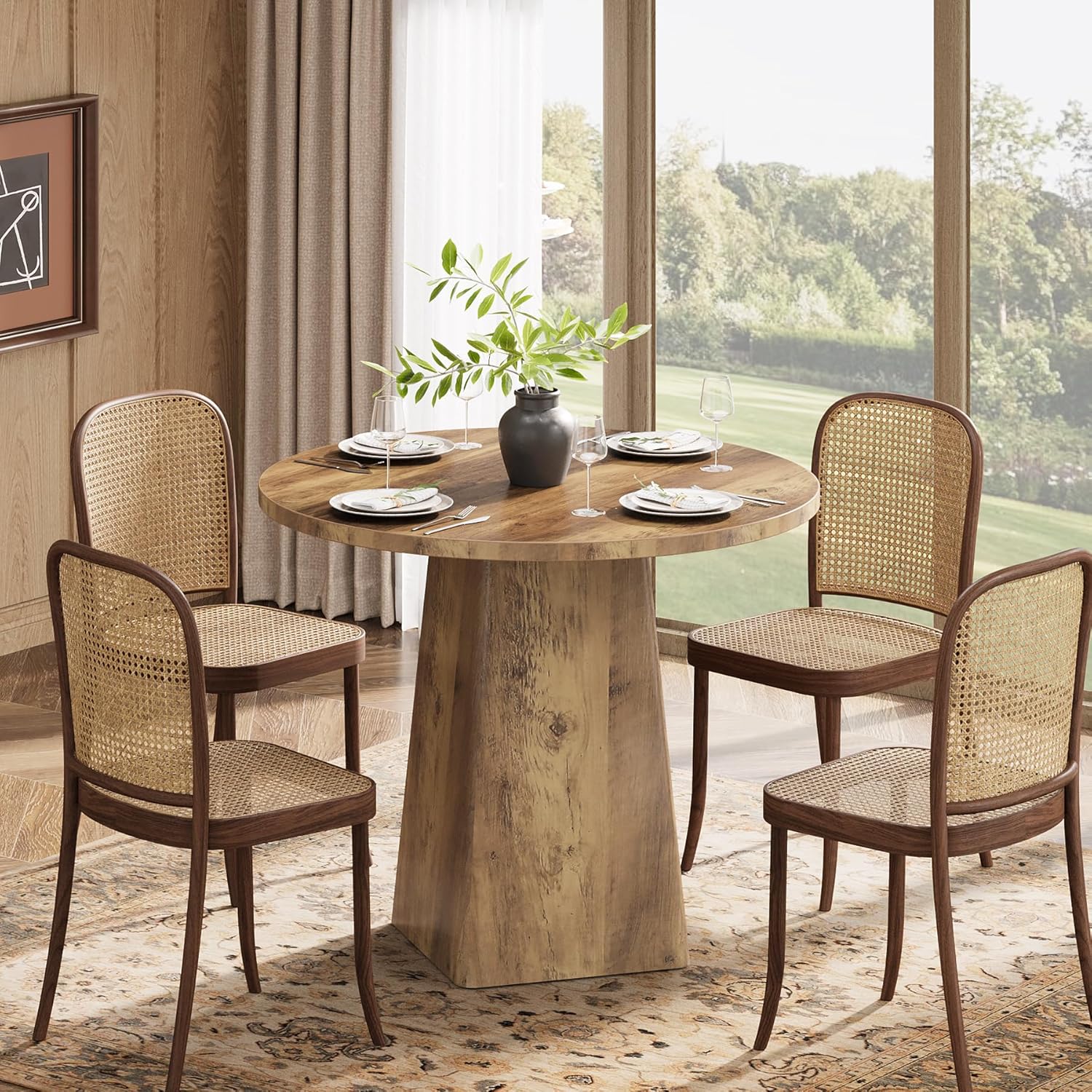 31.5" Dining Table for 4 - Round Farmhouse Kitchen Table with Square Base in Rustic Brown