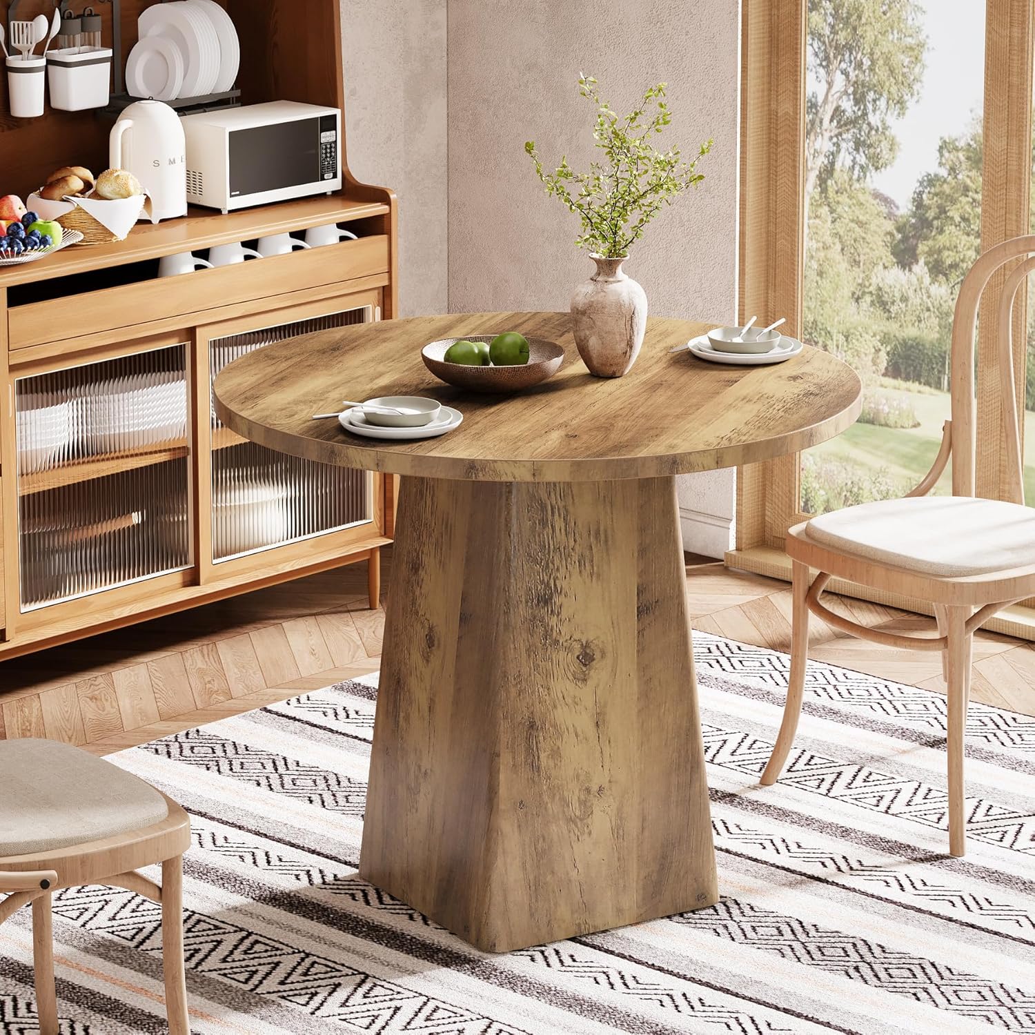 31.5" Dining Table for 4 - Round Farmhouse Kitchen Table with Square Base in Rustic Brown