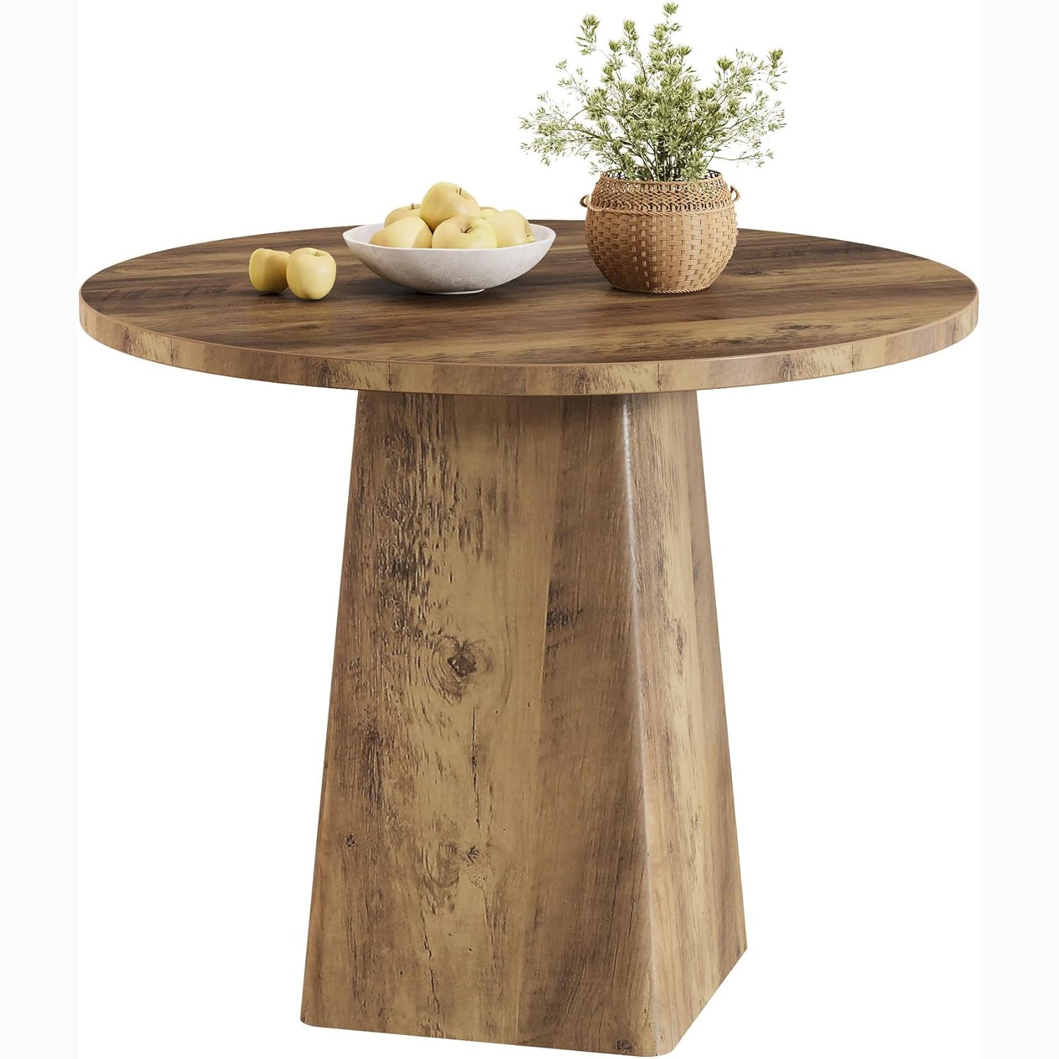 31.5" Dining Table for 4 - Round Farmhouse Kitchen Table with Square Base in Rustic Brown