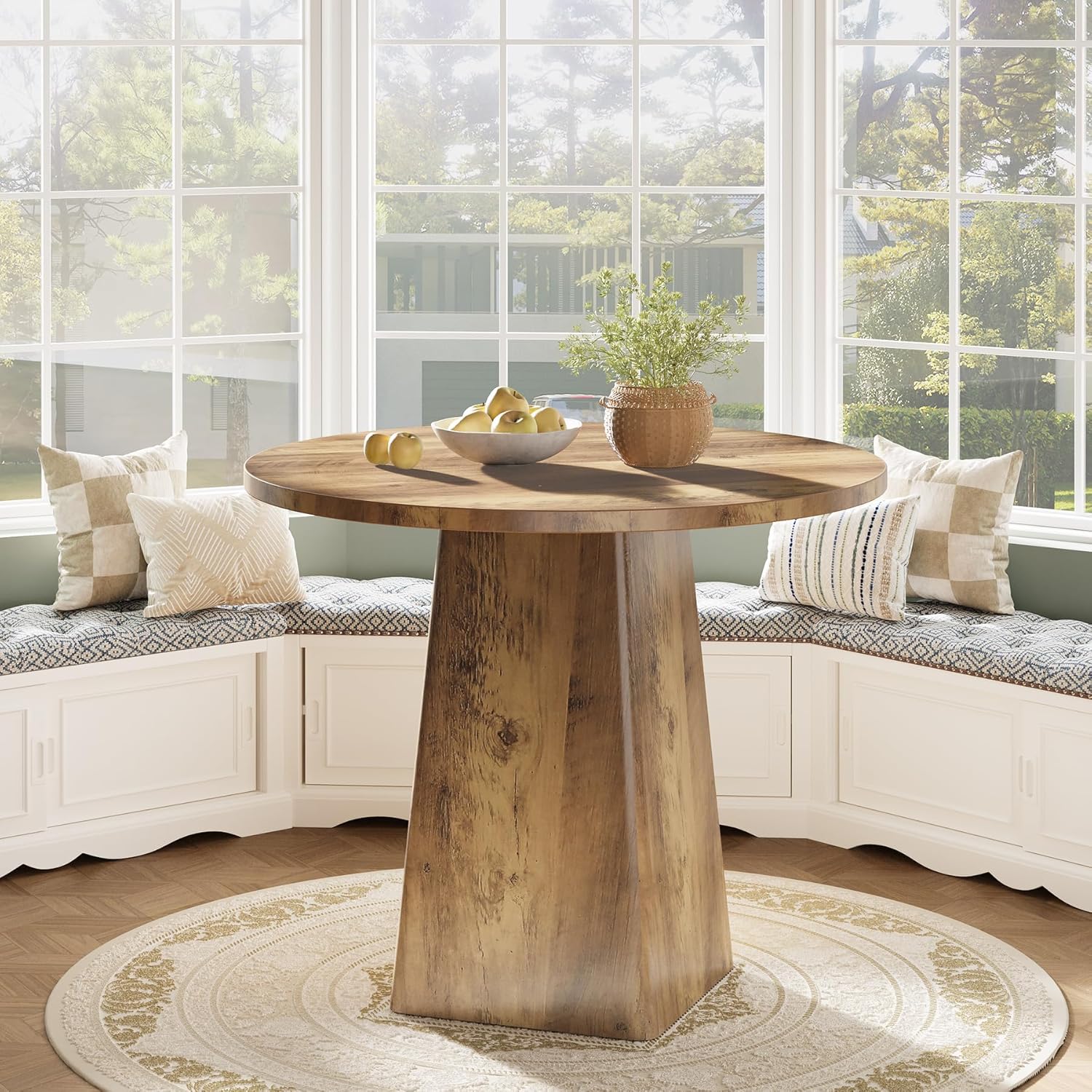 31.5" Dining Table for 4 - Round Farmhouse Kitchen Table with Square Base in Rustic Brown