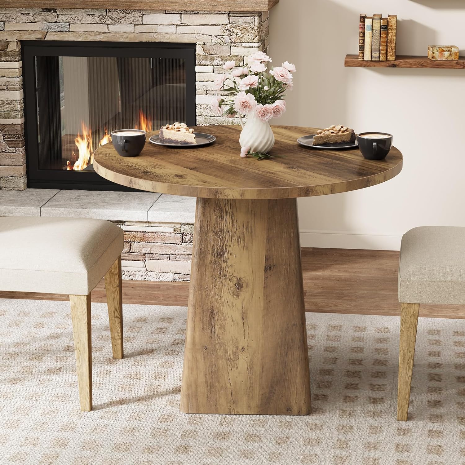 31.5" Dining Table for 4 - Round Farmhouse Kitchen Table with Square Base in Rustic Brown