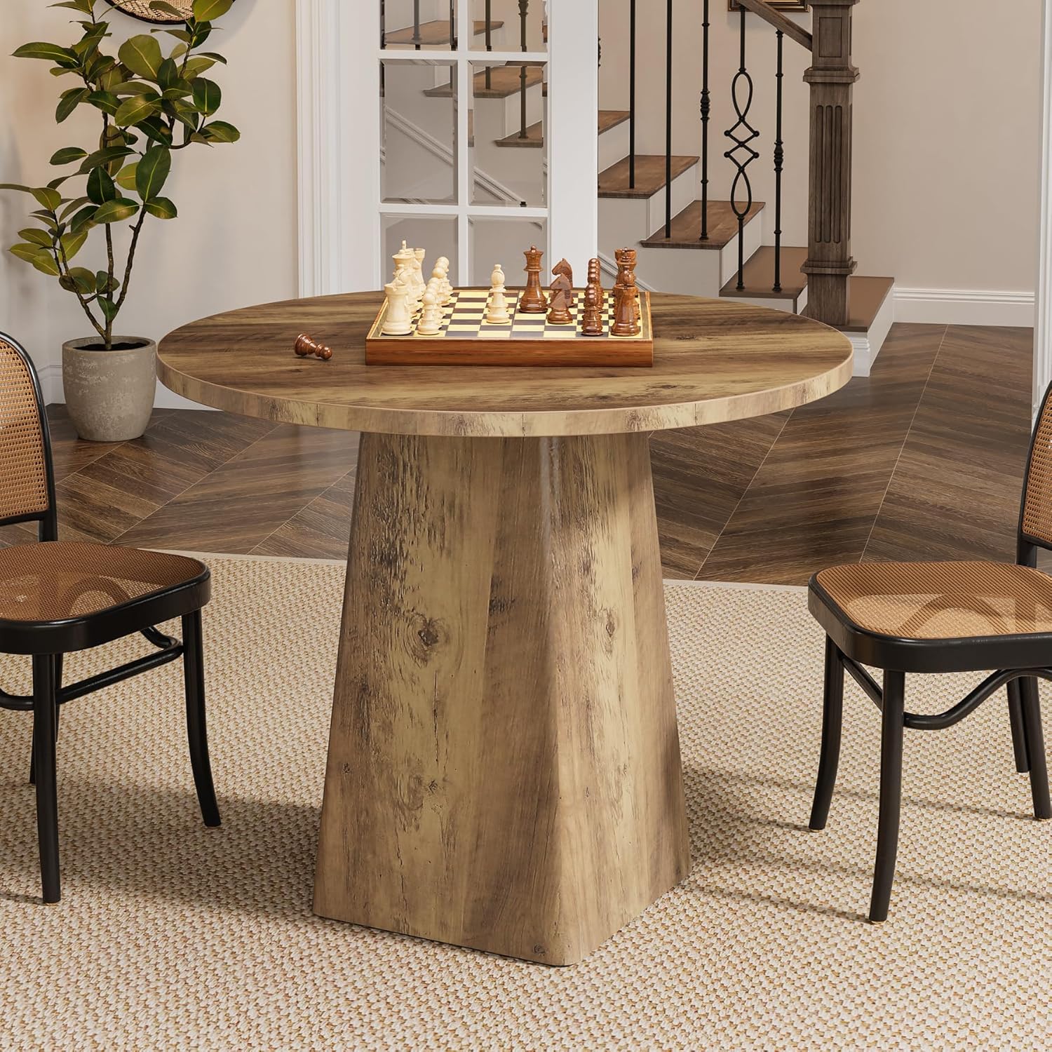 31.5" Dining Table for 4 - Round Farmhouse Kitchen Table with Square Base in Rustic Brown