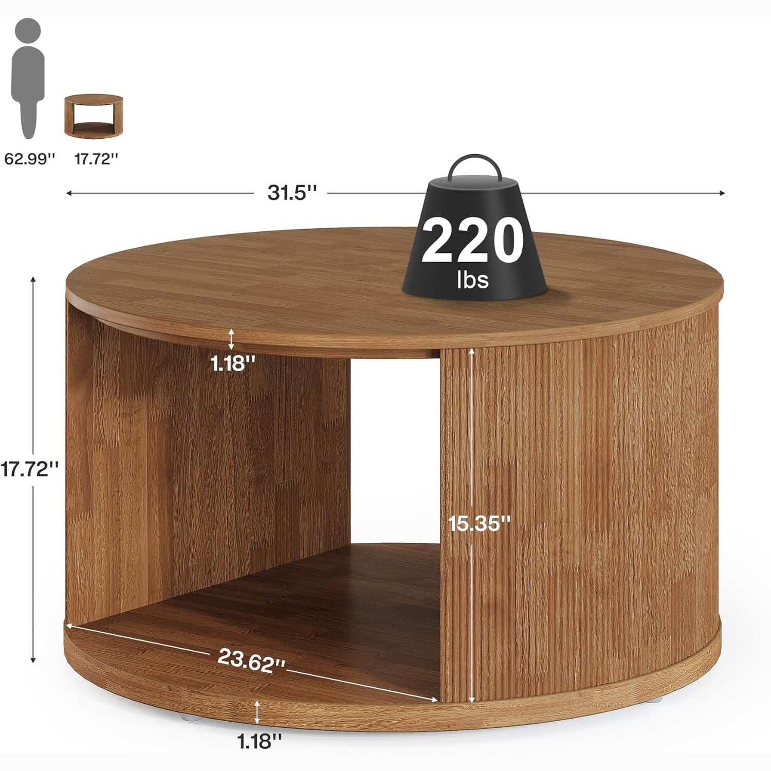31.5" Round Mid-Century Coffee Table - Walnut Fluted Base with Storage for Small Spaces
