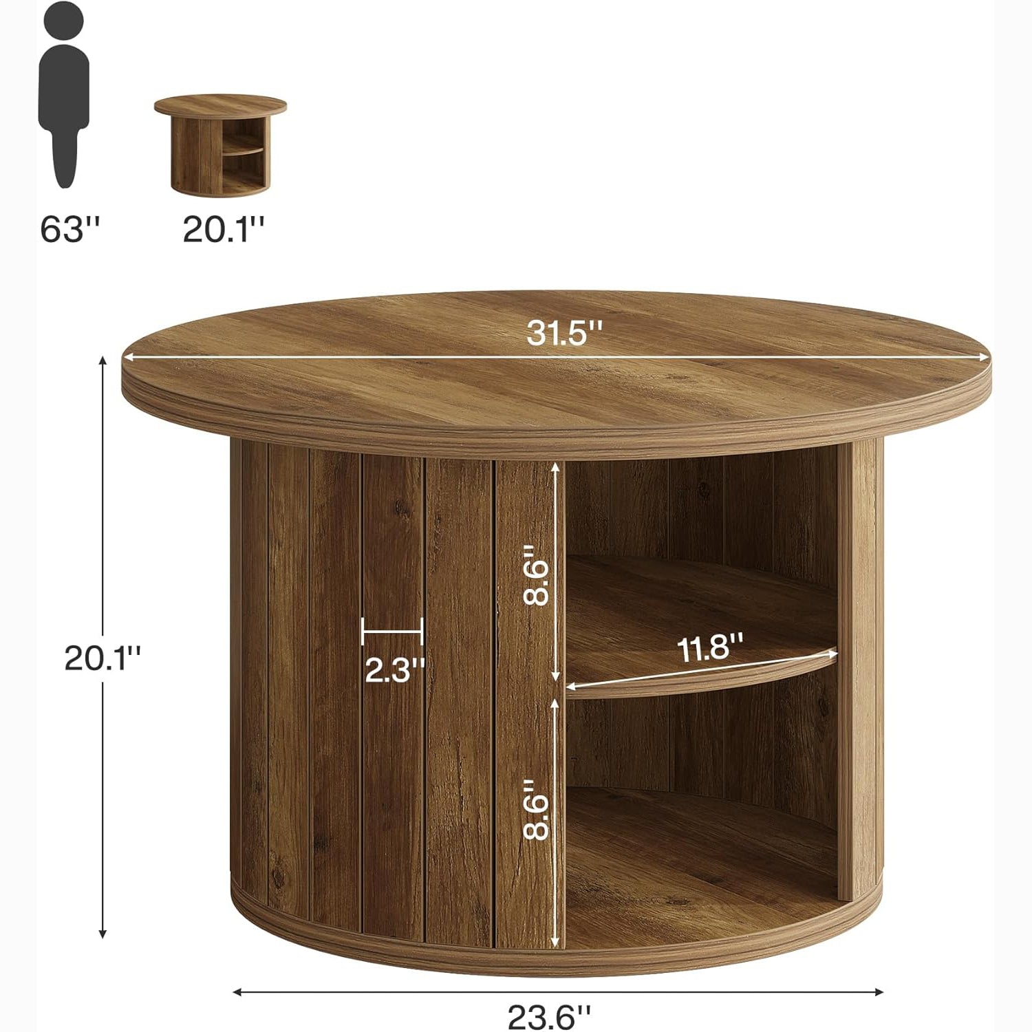31.5" Round Rustic Storage Coffee Table - Small Circle Center Table with Shelf for Living Room