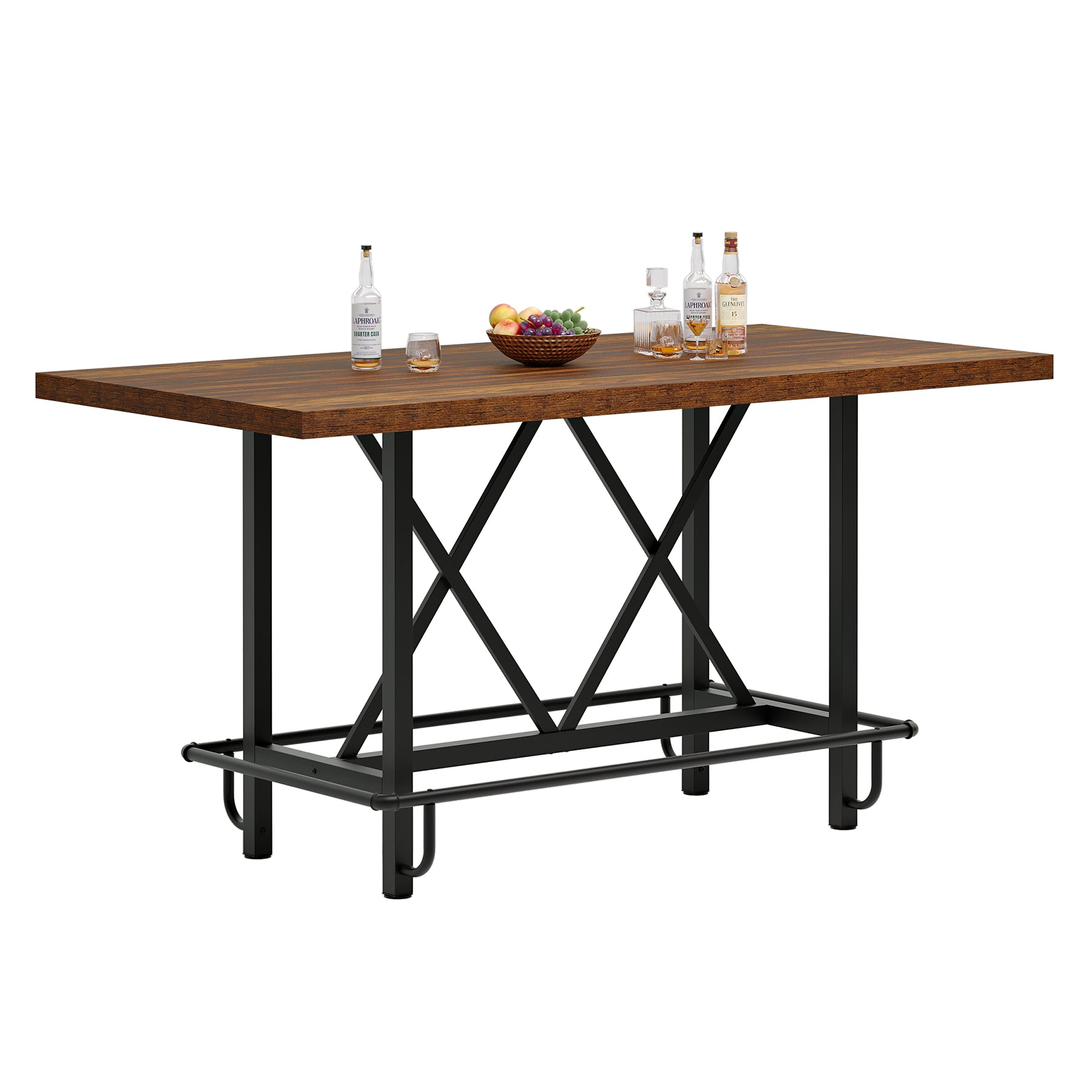 35" Counter Height Dining Table for 6 with Metal Footrest, Rectangular Rustic Brown