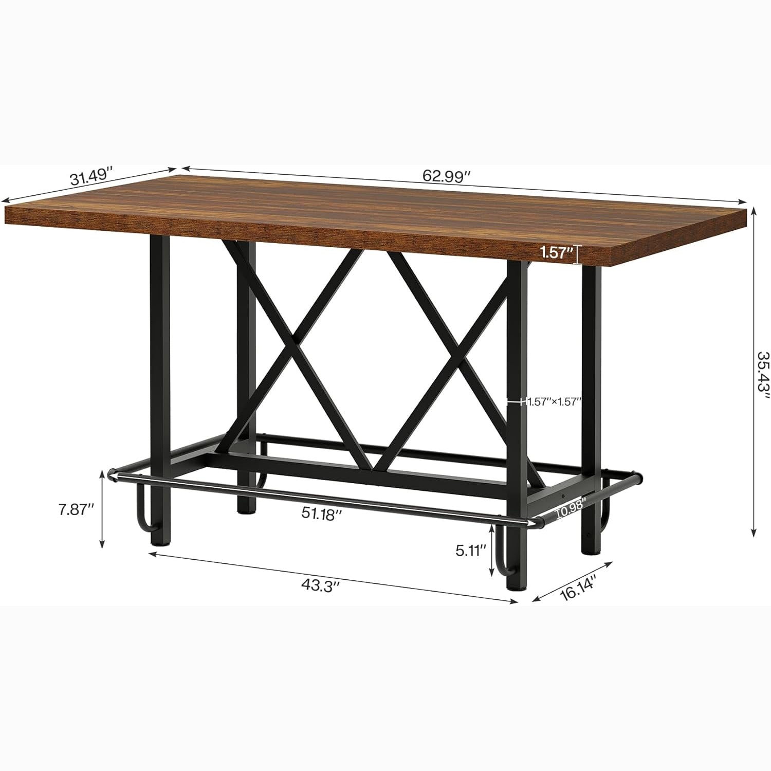 35" Counter Height Dining Table for 6 with Metal Footrest, Rectangular Rustic Brown