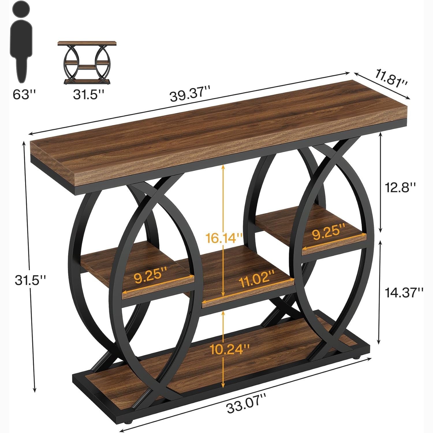39.4" Industrial Console Table - 4-Tier Narrow Sofa Table with Metal Frame & Storage, Rustic Brown