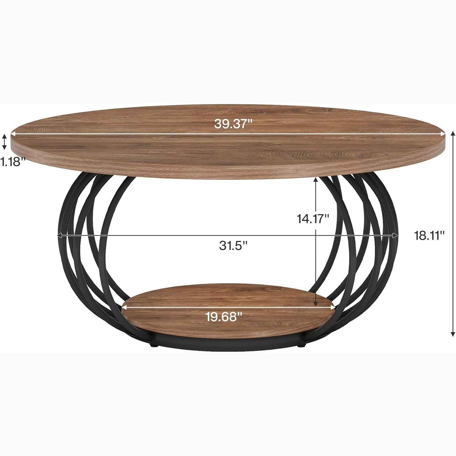 39" Round Coffee Table - 2-Tier Industrial Cocktail Table with Metal Frame, Rustic Brown & Black