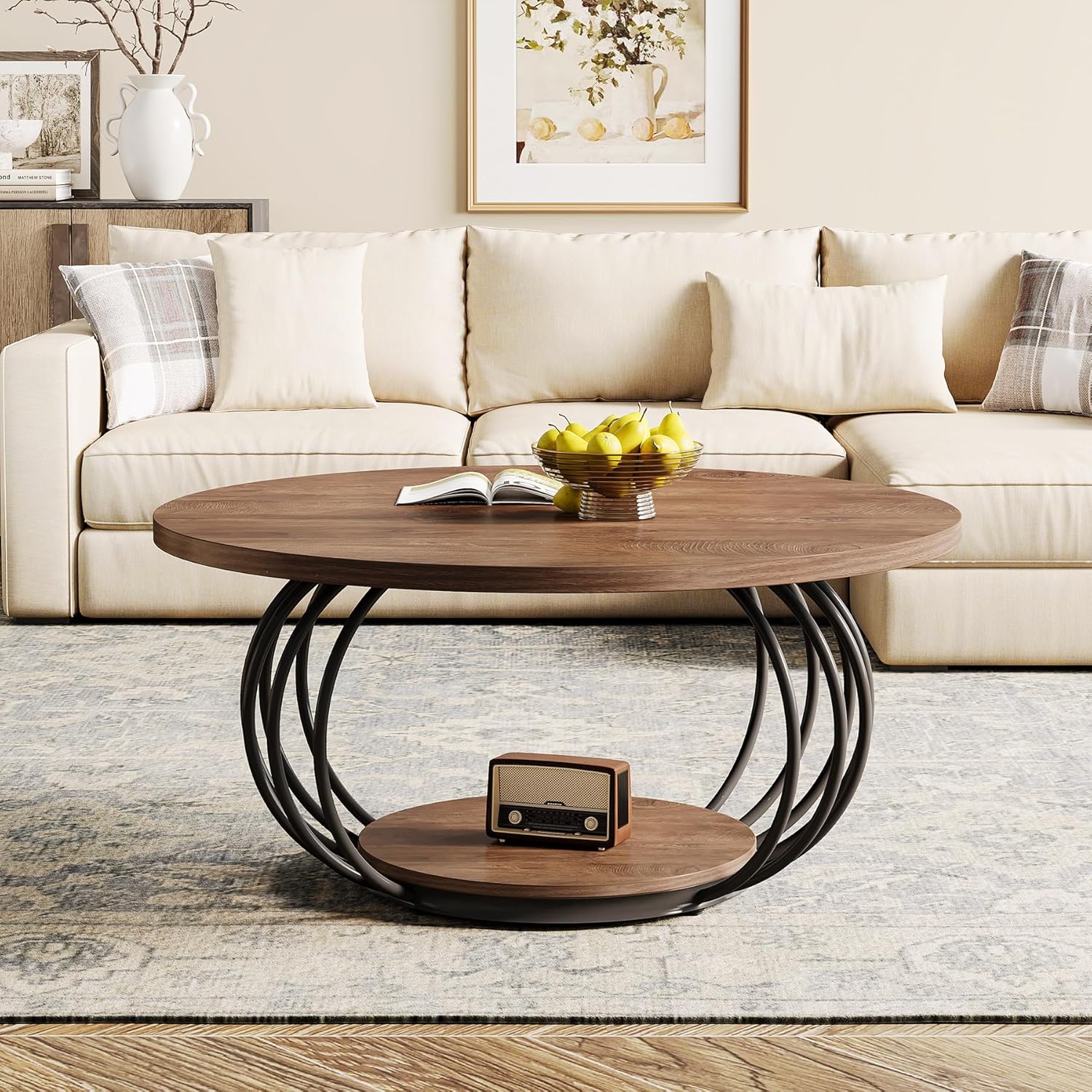 39" Round Coffee Table - 2-Tier Industrial Cocktail Table with Metal Frame, Rustic Brown & Black