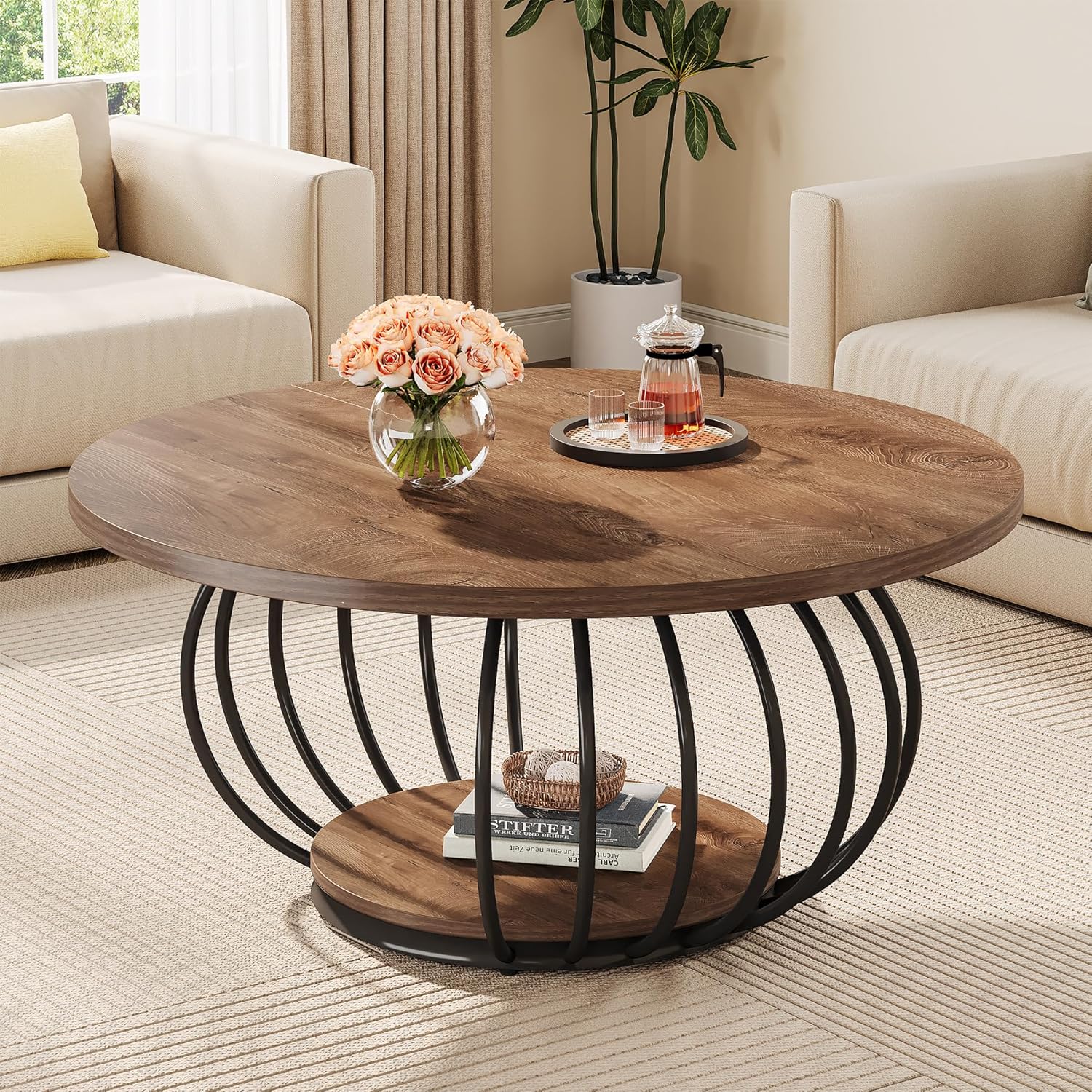 39" Round Coffee Table - 2-Tier Industrial Cocktail Table with Metal Frame, Rustic Brown & Black