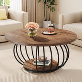 39" Round Coffee Table - 2-Tier Industrial Cocktail Table with Metal Frame, Rustic Brown & Black 3