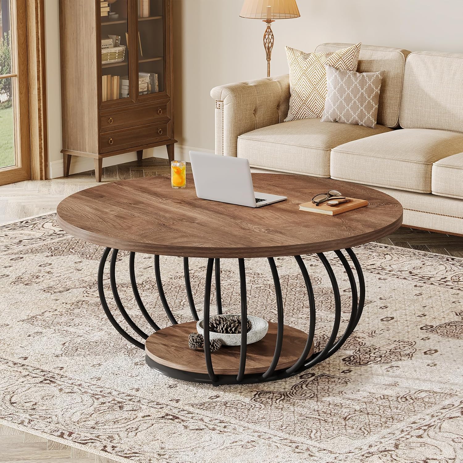 39" Round Coffee Table - 2-Tier Industrial Cocktail Table with Metal Frame, Rustic Brown & Black