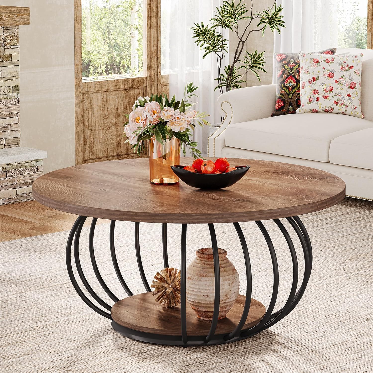 39" Round Coffee Table - 2-Tier Industrial Cocktail Table with Metal Frame, Rustic Brown & Black
